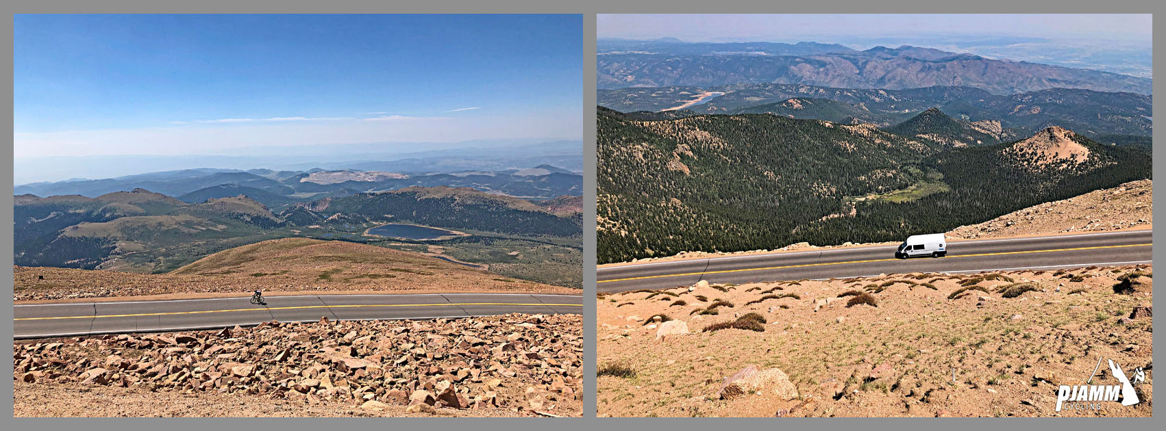 Cycling Pikes Peak - views from above of straight segments of roadway below, PJAMM Cycling logo in corner