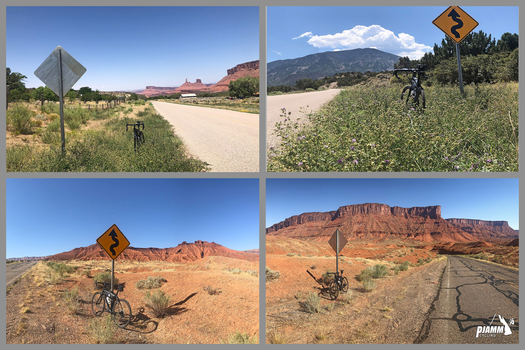Cycling La Sal Loop Road at Castle Valley - photo collage, PJAMM Cycling logo in corner, bike parked next to various road signs along climb's start