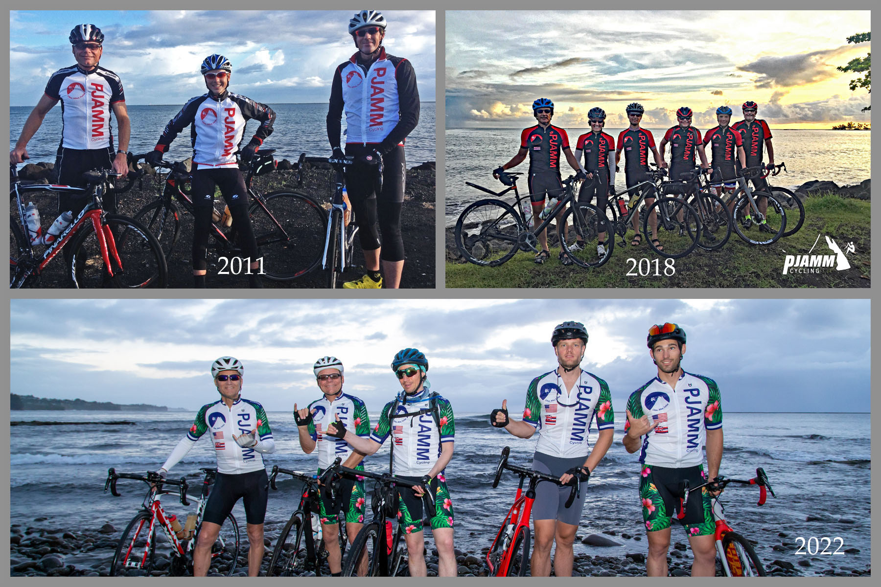 photo collage shows PJAMM Cyclists at the start of the climb, with the Pacific Ocean in the background, over the years