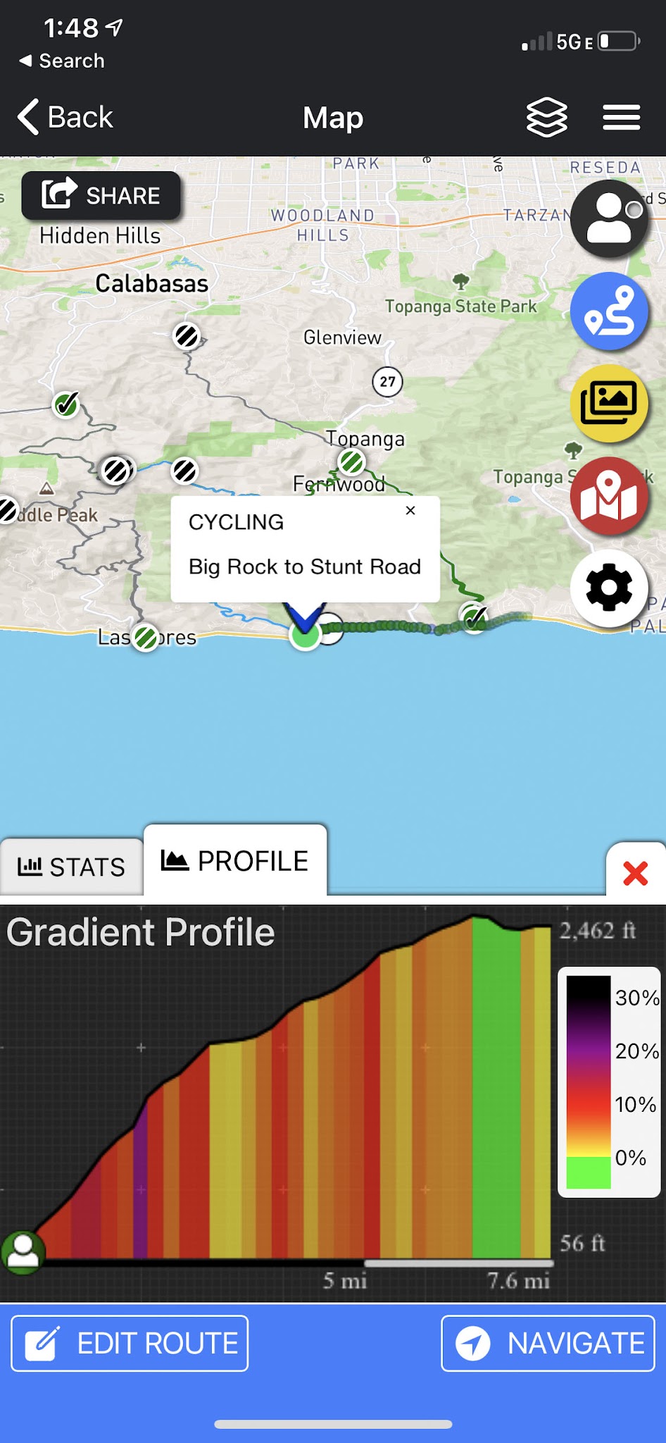 Cycling Big Rock Drive to Stunt Road - PJAMM Adventure App shows climb grade and profile