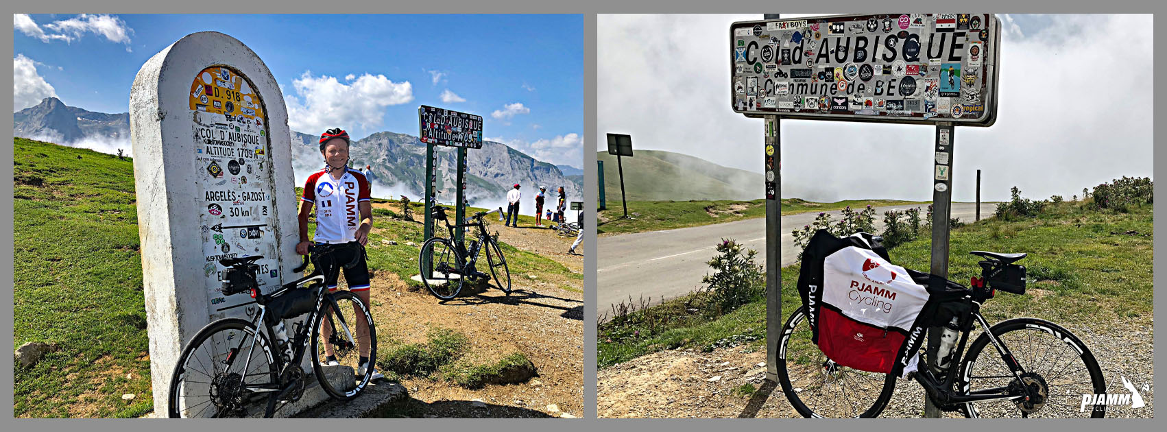 PJAMM cyclist John Johnson stands with bike next to monument at climb's summit