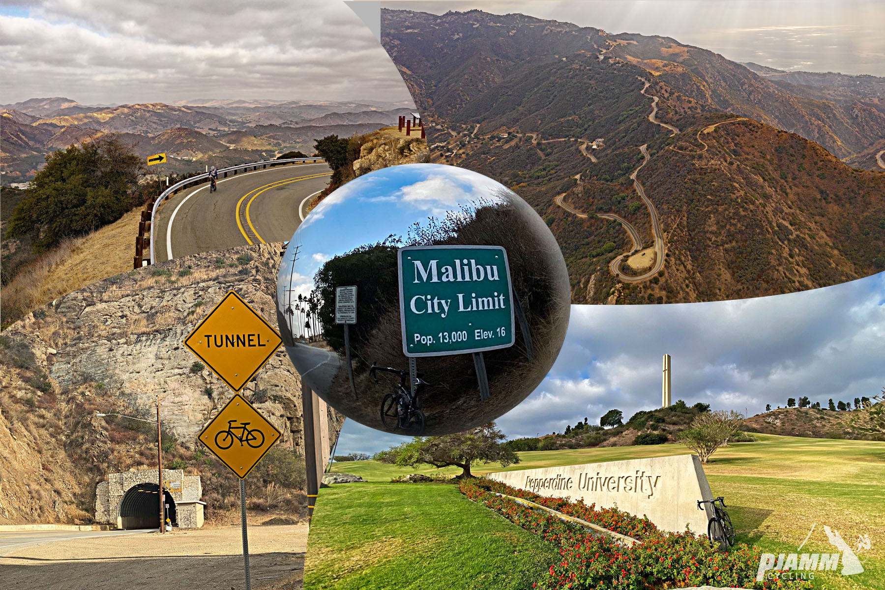 Cycling Malibu Canyon Road to the top of Piuma Road - photo collage, sign for Malibu, tunnel in stone wall, cyclist on stretch of two-lane mountain roadway, sign for Pepperdine University, Santa Monica Mountains