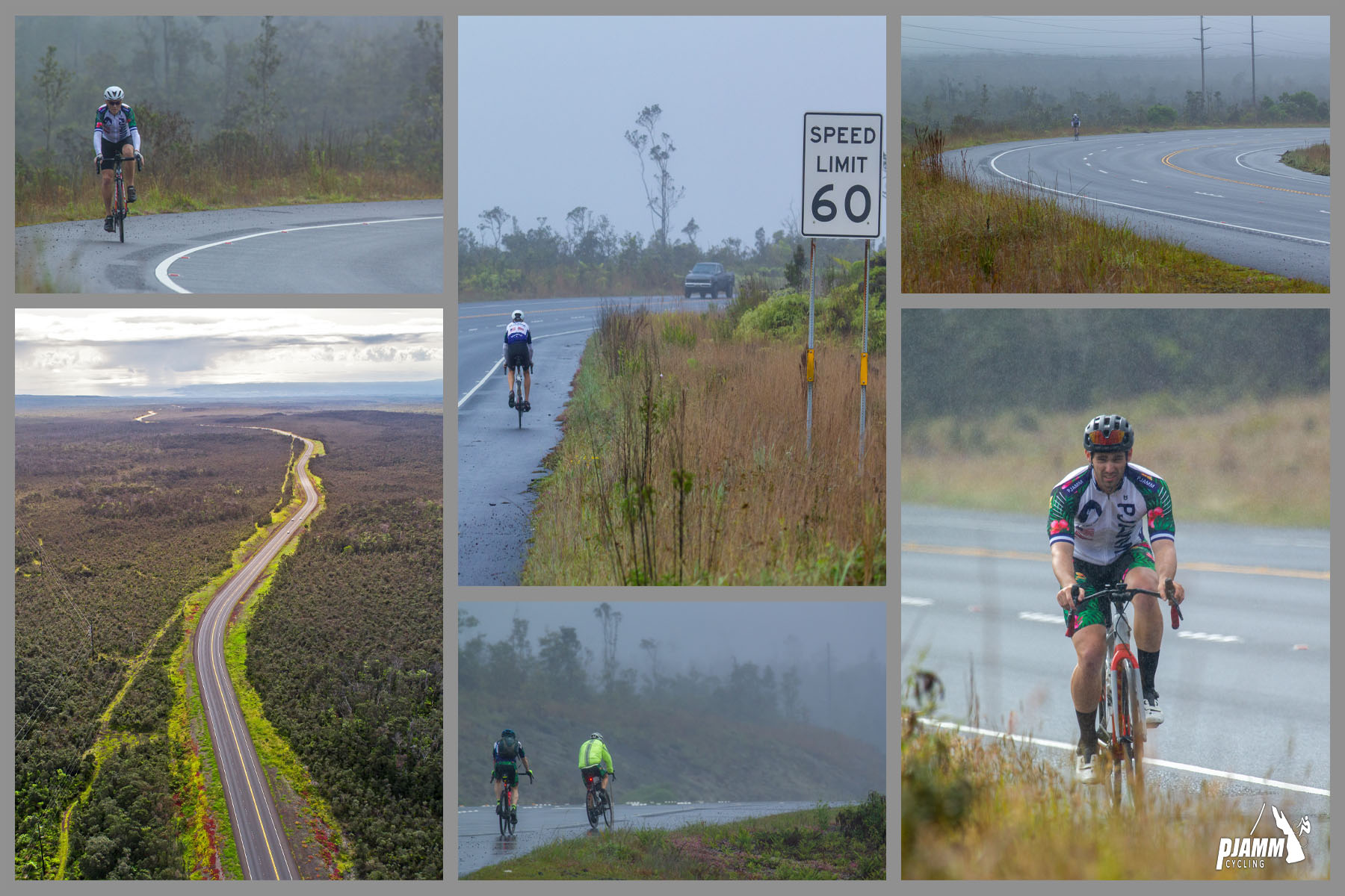 photo collage shows PJAMM Cyclists riding in rain on Saddle Road