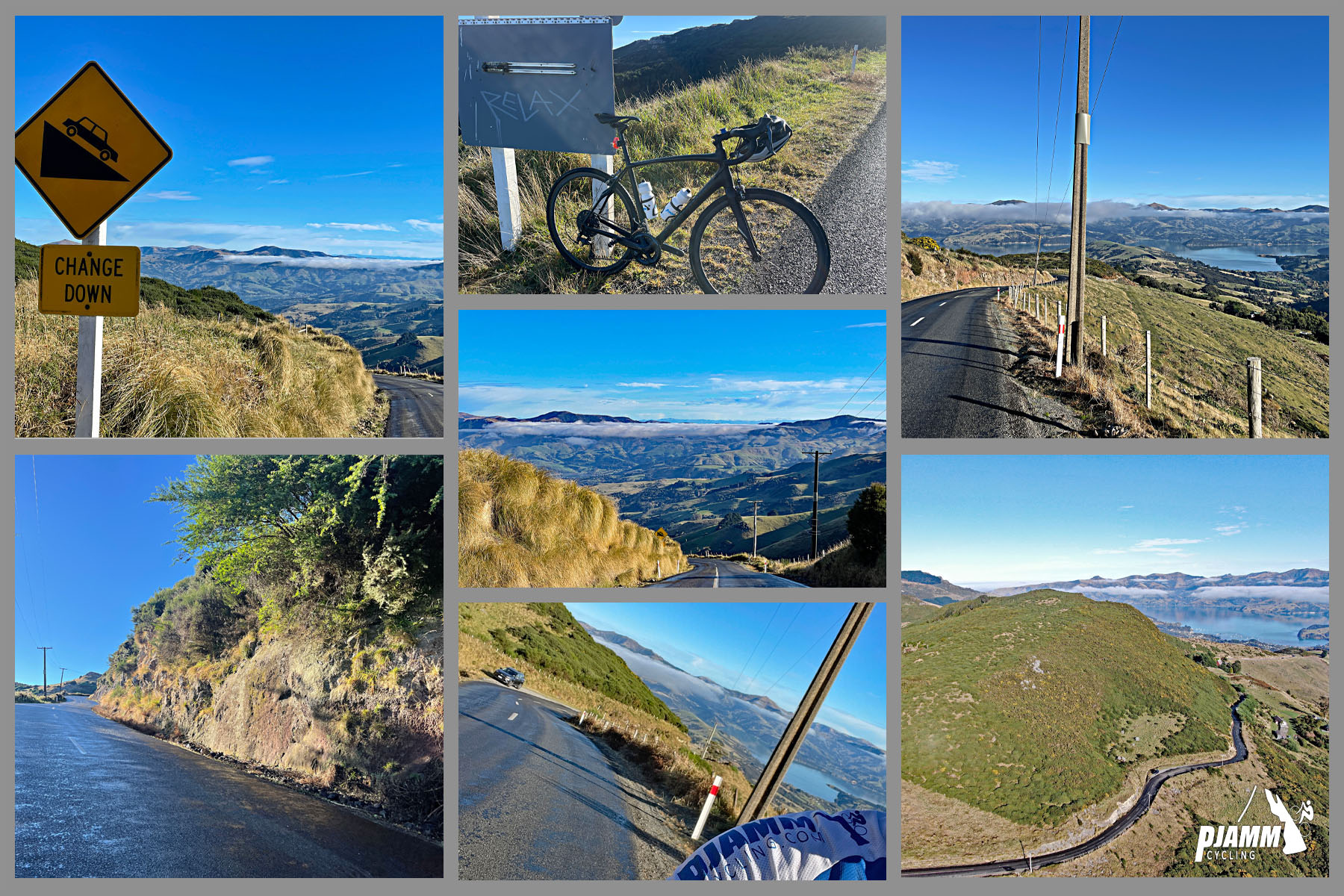 photo collage shows more picture perfect views on the climb: green hills, blue skies, rolling hillsides
