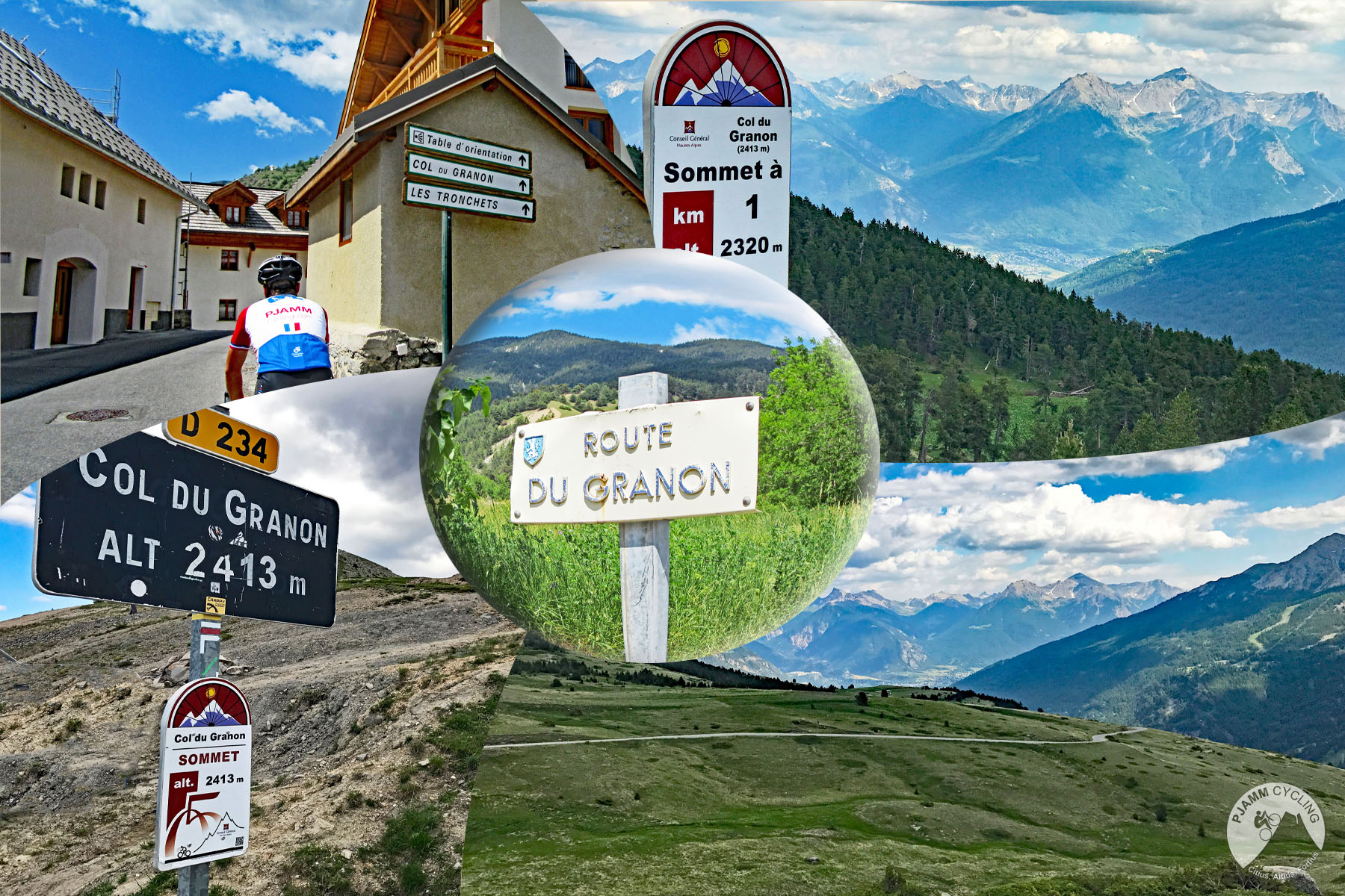 Cycling Col du Granon - photo collage shows street signs along the Col du Granon route