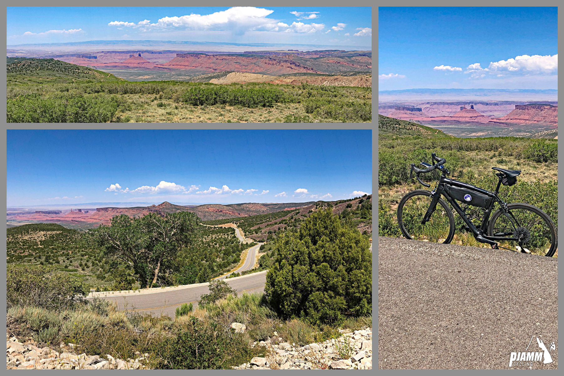 Cycling La Sal Loop Road at Castle Valley - photo collage, PJAMM Cycling logo in corner, views from top of climb overlooking hillsides covered in low scrub brush and red canyons and bluffs beyond