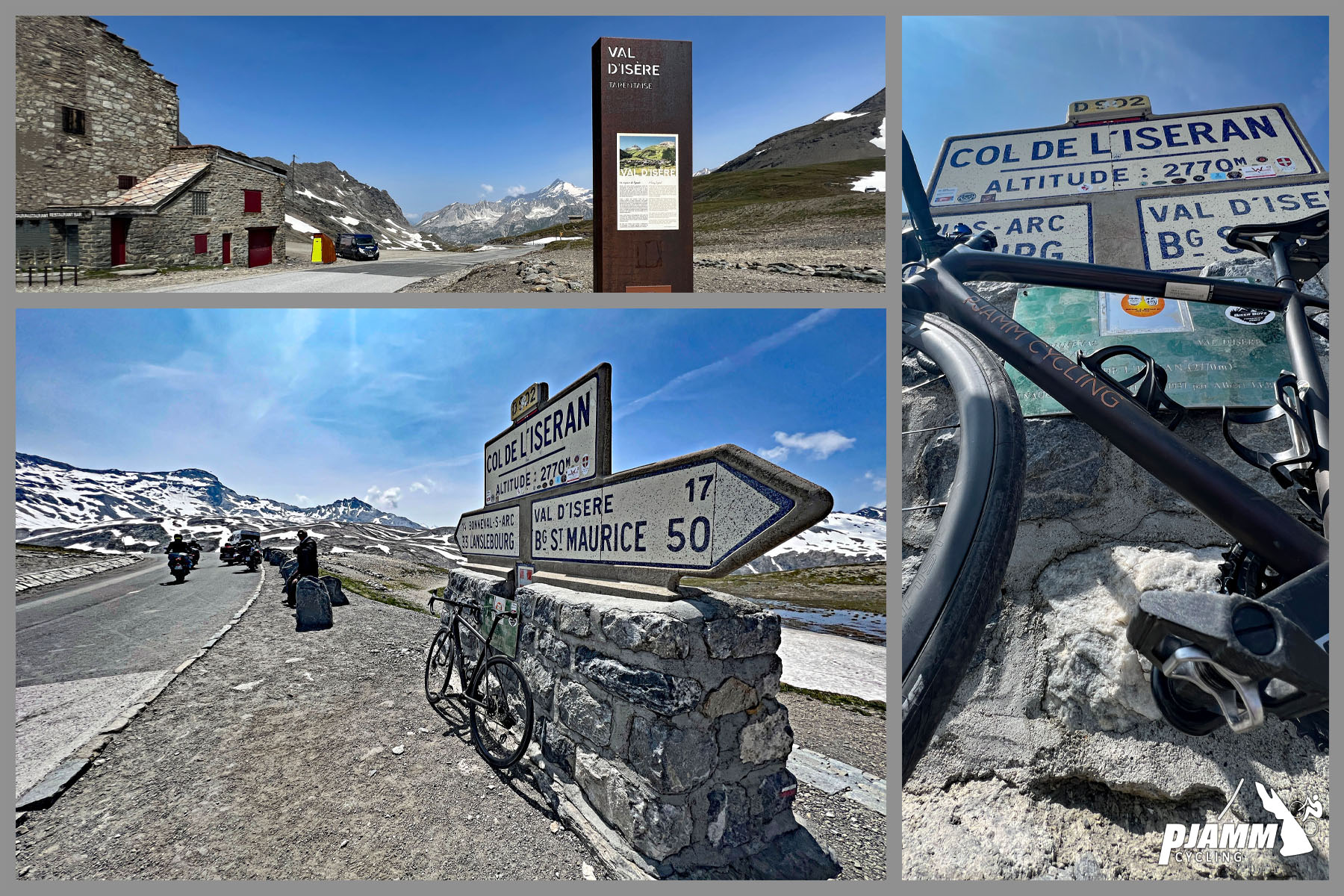 Cycling Col de L'Iseran: photo collage shows street signs for Col de L'Iseran; climb finish