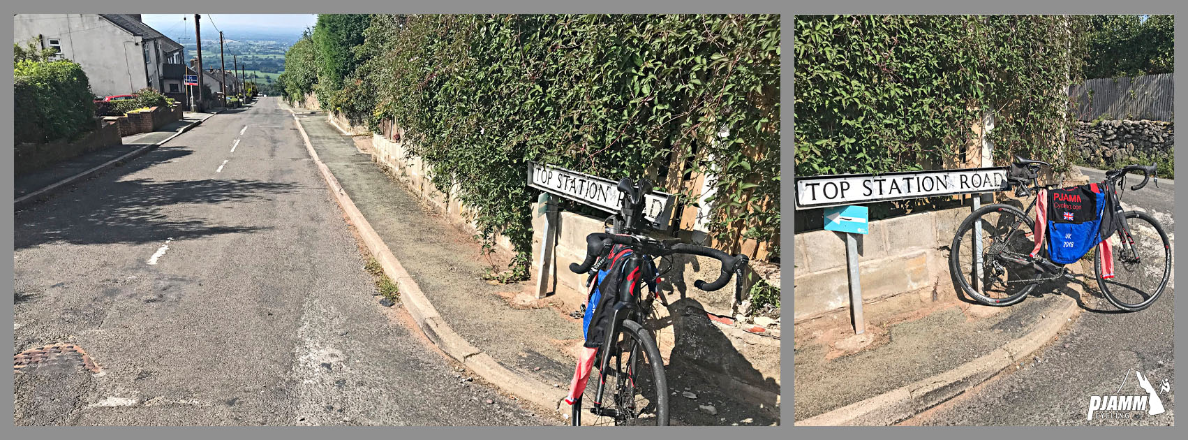 Cycling Mow Cop - bike with PJAMM Cycling jersey draped over it, parked at climb's finish, road sign for Top Station Road