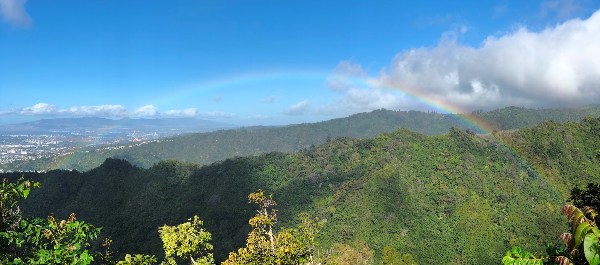 Biking up Tantalus Drive - full rainbow through lush trees