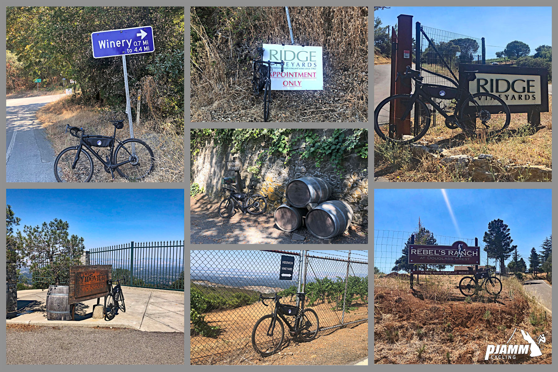 Cycling Montebello, Santa Cruz Mountains, California - photo collage, PJAMM Cycling logo in corner, bike parked on roadside against sign for Winery, Ridge Vineyards, and Rebels Ranch, stack of three wine barrels, bike parked against various fences in front of wineries