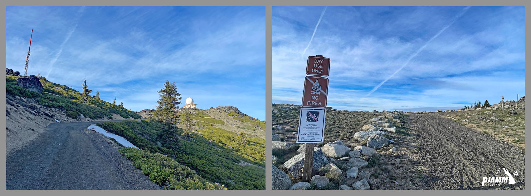 Cycling Mt. Ashland, Oregon via Loop Road: narrow, one-lane gravel roadway with white National Weather Service dome in background, sign reads "Day Use Only" and "No Fires"