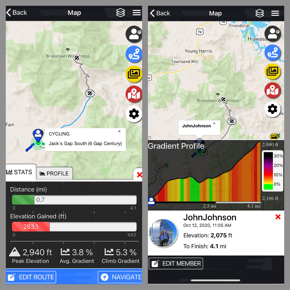 Cycling Jacks Gap South, Georgia - PJAMM Adventure App shows climb grade and overview
