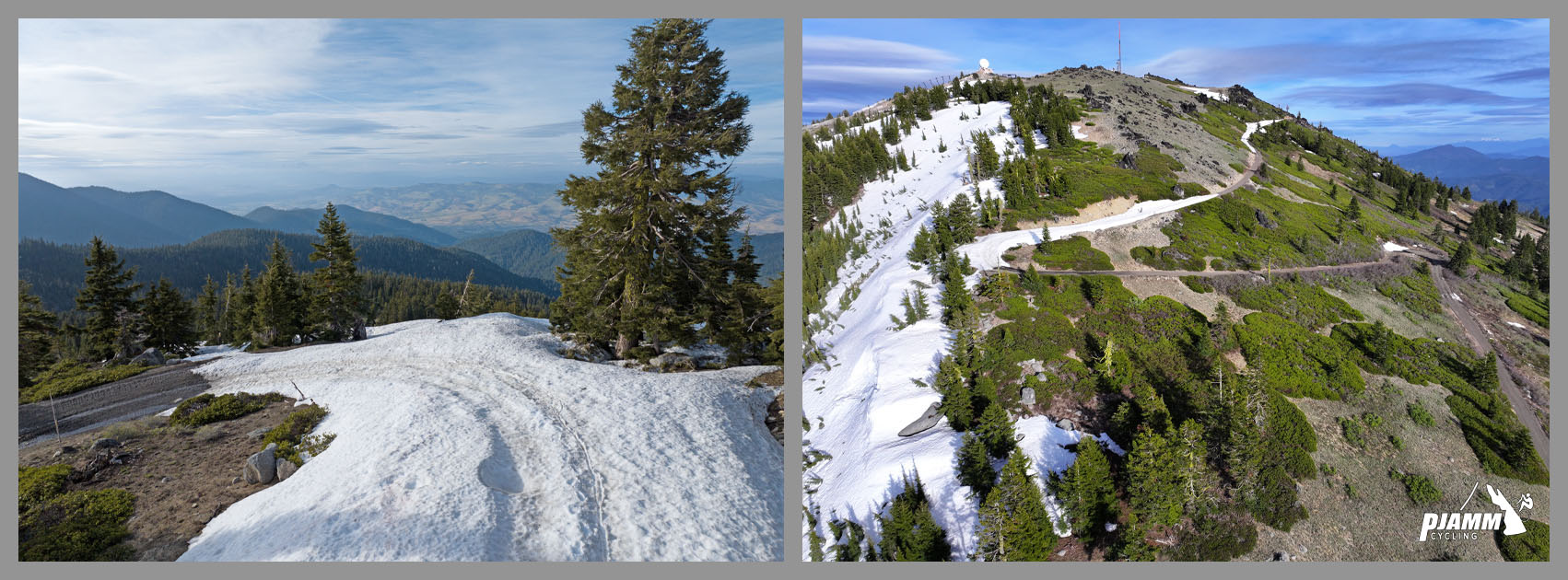 Cycling Mt. Ashland, Oregon via Loop Road: aerial drone view shows one final hairpin turn before the last leg to the top, green pine trees and stark white snow on mountain