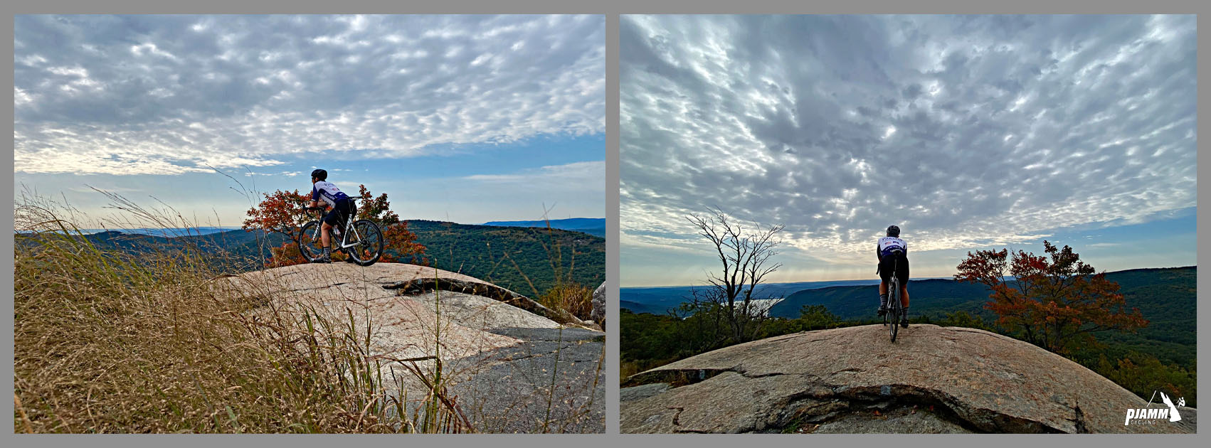 Cycling Bear Mountain, New York - cyclist atop rock formation looking out over views below, PJAMM Cycling logo in corner
