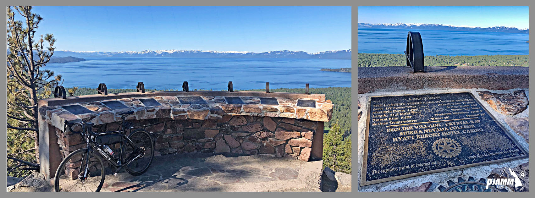 Cycling Mt. Rose from Incline Village (west; Lake Tahoe) - bike parked against stone wall at Lake Tahoe scenic overlook