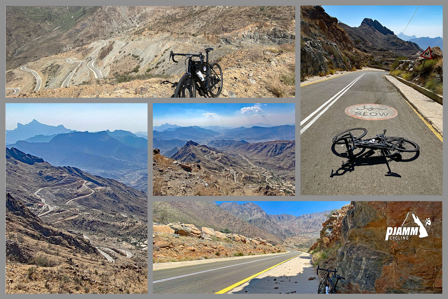 Cycling Bani Horairah - photo collage, views along the climb, views from the top looking down highlight mountain road carved into mountainside, switchback turns