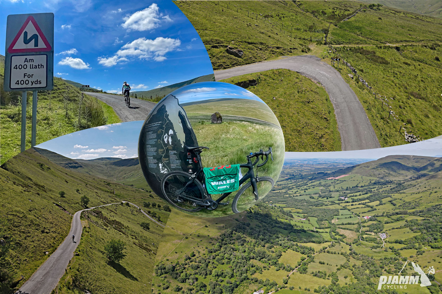 aerial drone views show sprawling pastureland in valley and hillsides below; street sign warning of sharp turns in road