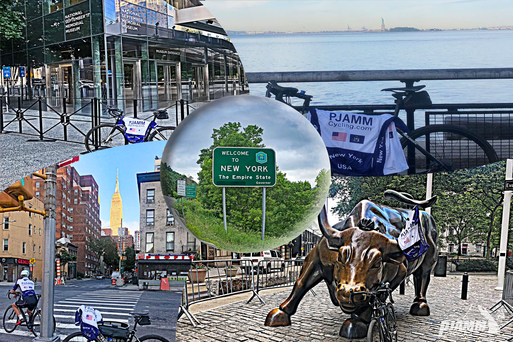 Cycling New York State - photo collage, PJAMM Cycling logo in corner, road sign for New York, the Empire State, bike parked in front of bronze bull statue, bike parked in front of waterway with PJAMM Cycling logo draped over it, bike parked in front of various city blocks, including one with Empire State building in background