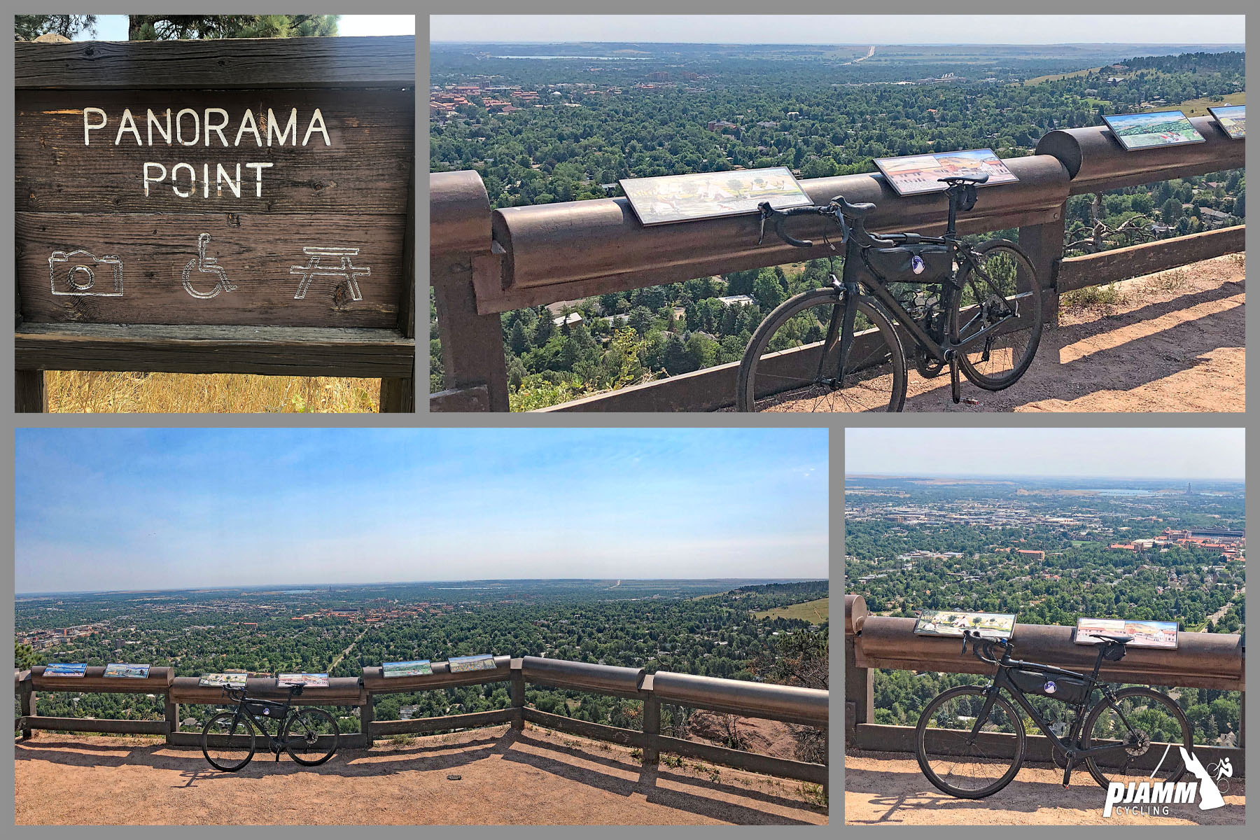 Cycling Super Duper Flag, Boulder, Colorado - photo collage, PJAMM Cycling logo in corner, wooden sign for Panorama Point, bike parked against low fence at Panorama Point overlooking city of boulder
