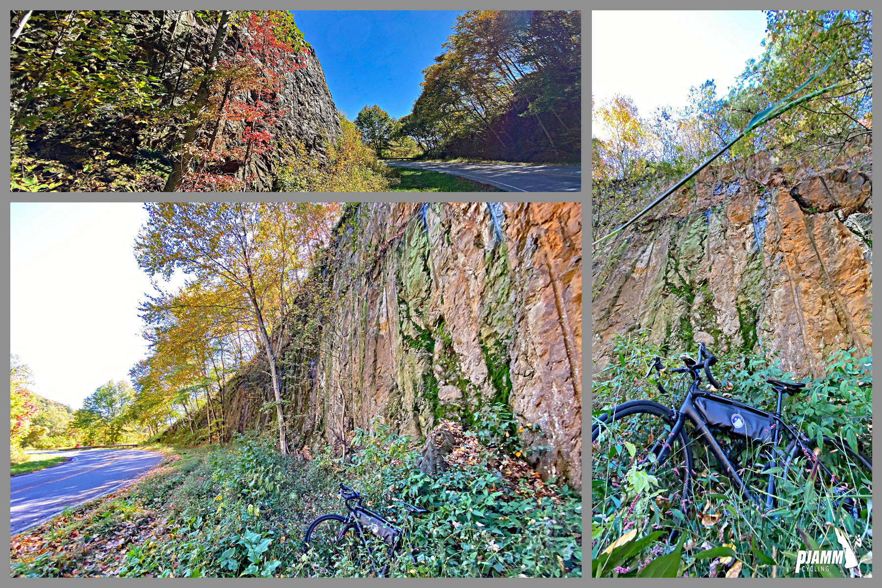 Cycling Cherohala Skyway, Tennessee - bike parked against tall rock wall on roadside