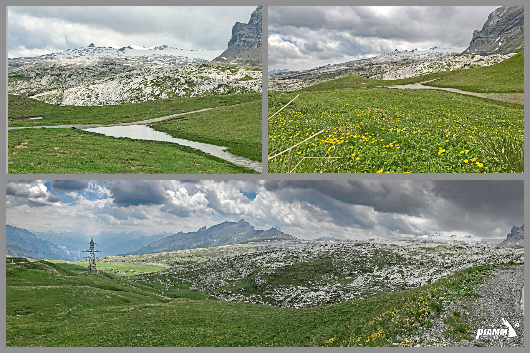Cycling Sanetsch Pass, Switzerland - swiss alps, swiss countryside, Sanetsch glacier, PJAMM Cycling logo in corner