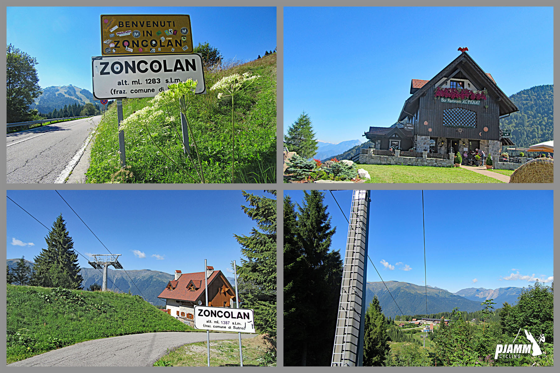 Cycling Monte Zoncolan from Sutrio - entering Zoncolan Commune at km 9, signs and buildings in this Italian hillside village