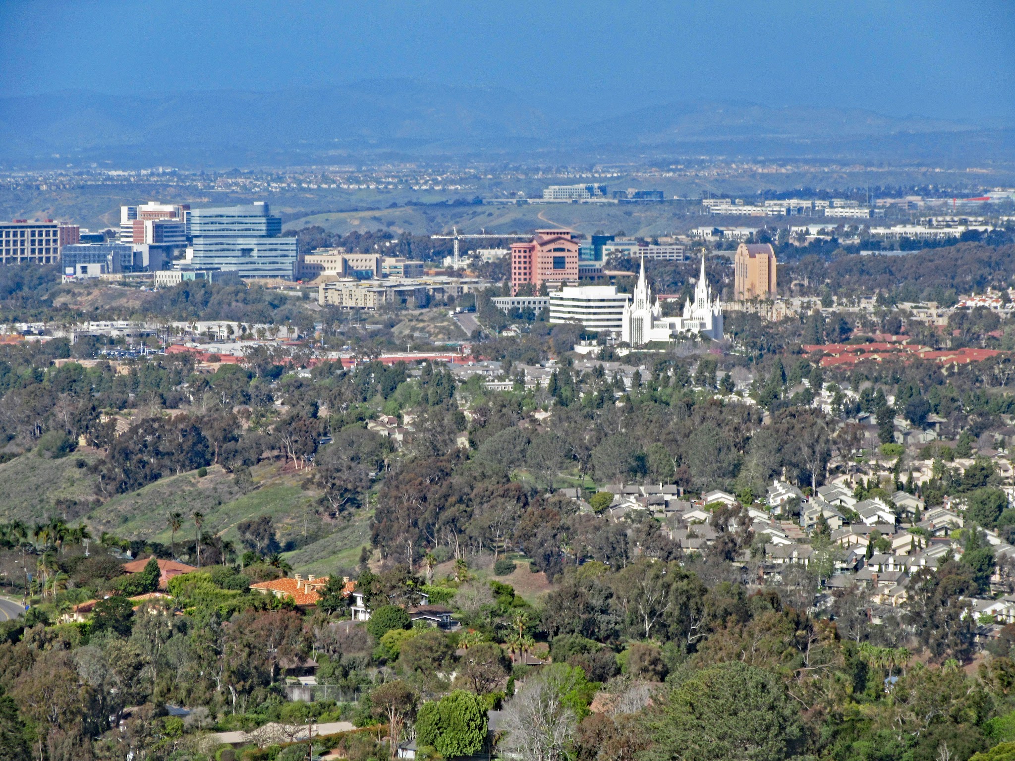View of La Jolla looking down from climb summit, LDS temple seen in distance