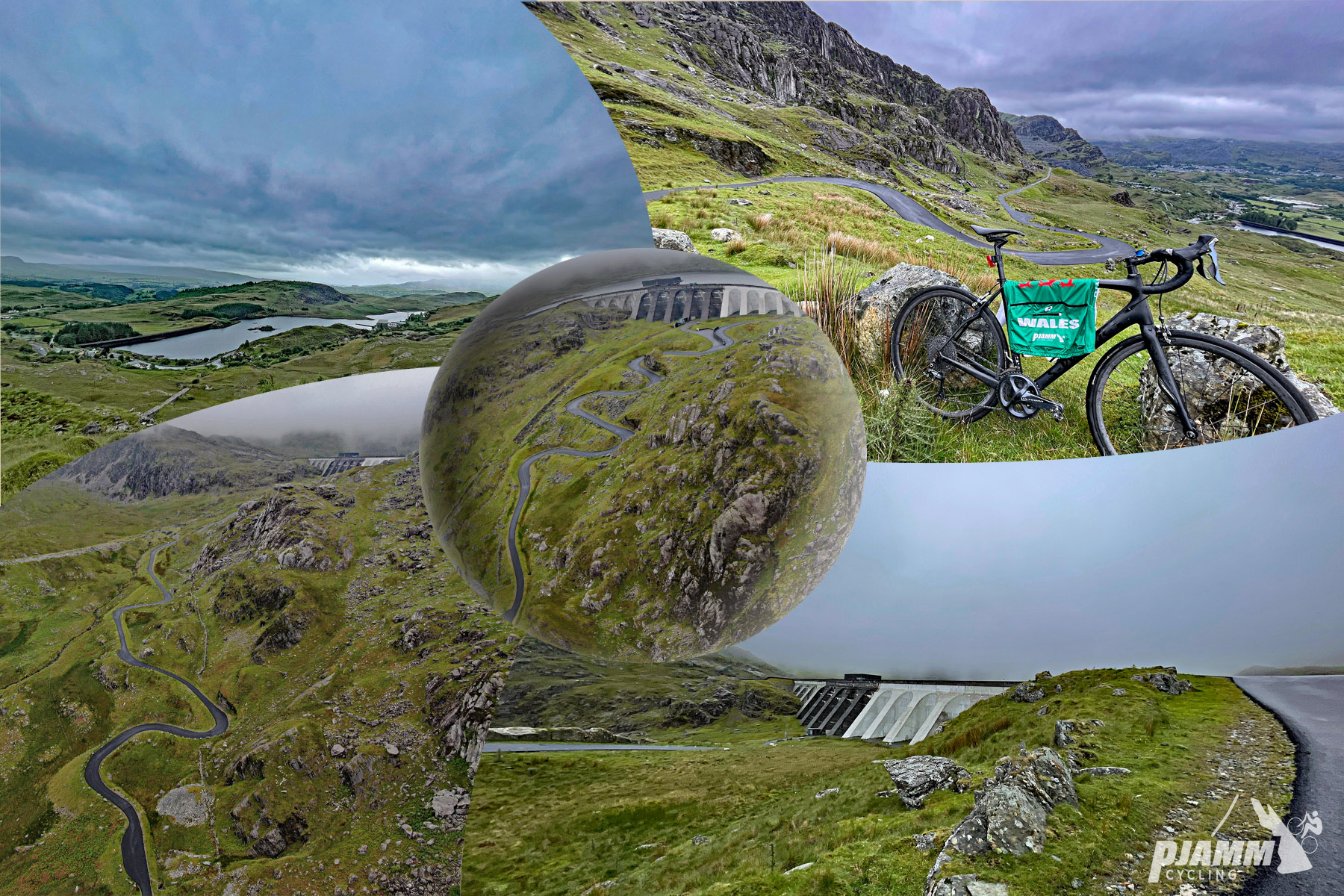 photo collage includes aerial drone view of roadway and dam