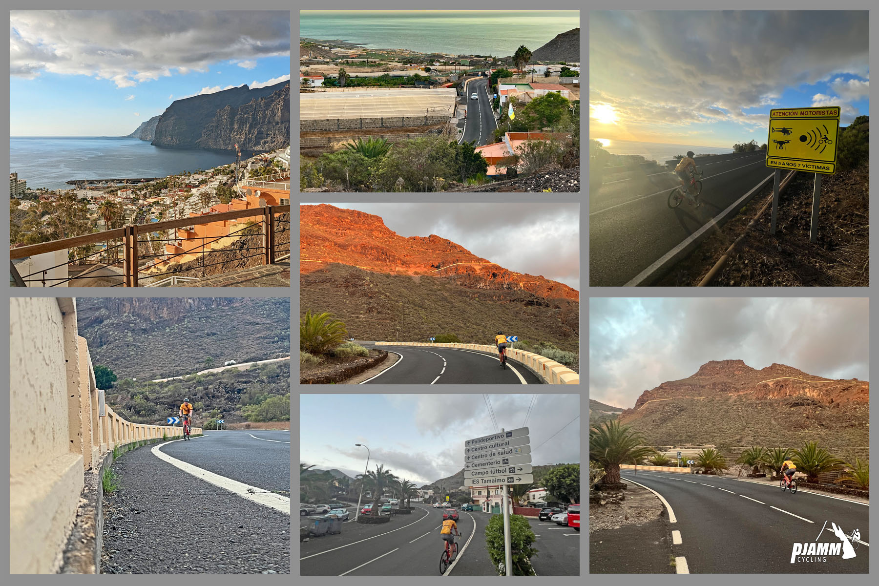 photo collage shows views along first segment of the climb, Spanish coastland, Los Gigantes rock formations