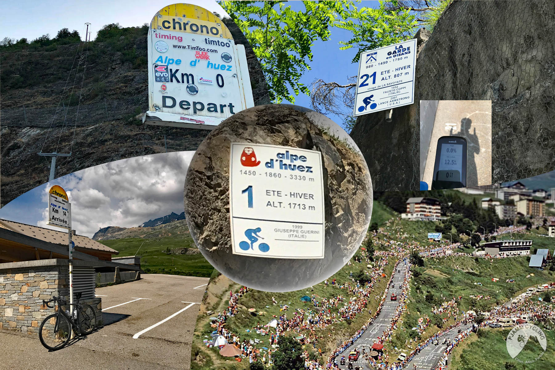 Cycling Alpe d'Huez, France - road signs for Alpe d-huez, bike parked in parking lot, aerial view of climb during Tour de France