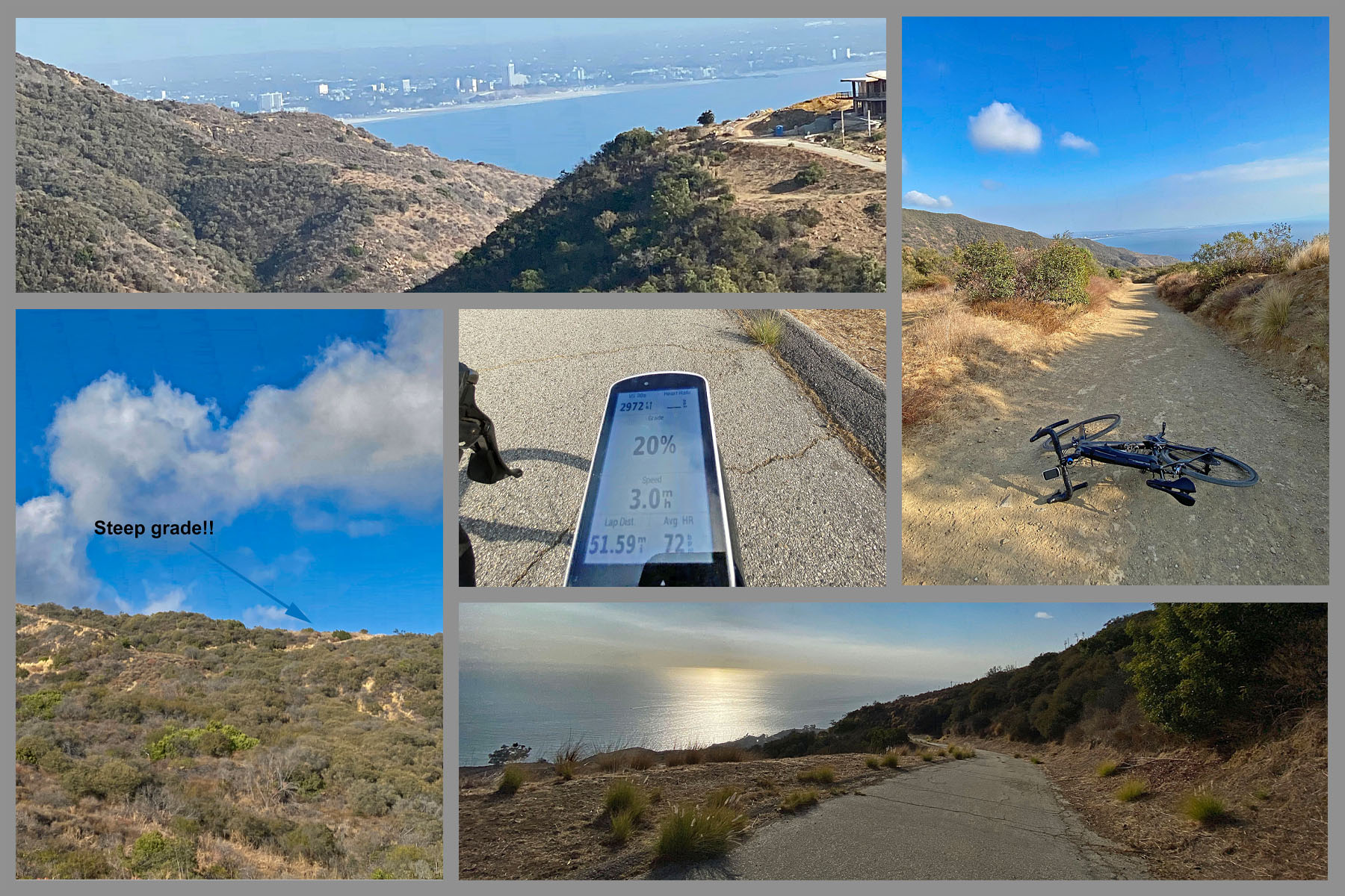 Cycling Big Rock Drive to Stunt Road - photo collage, Garmin device reads 20% grade, bike parked on steep portion of narrow roadway, ocean views beyond mountains