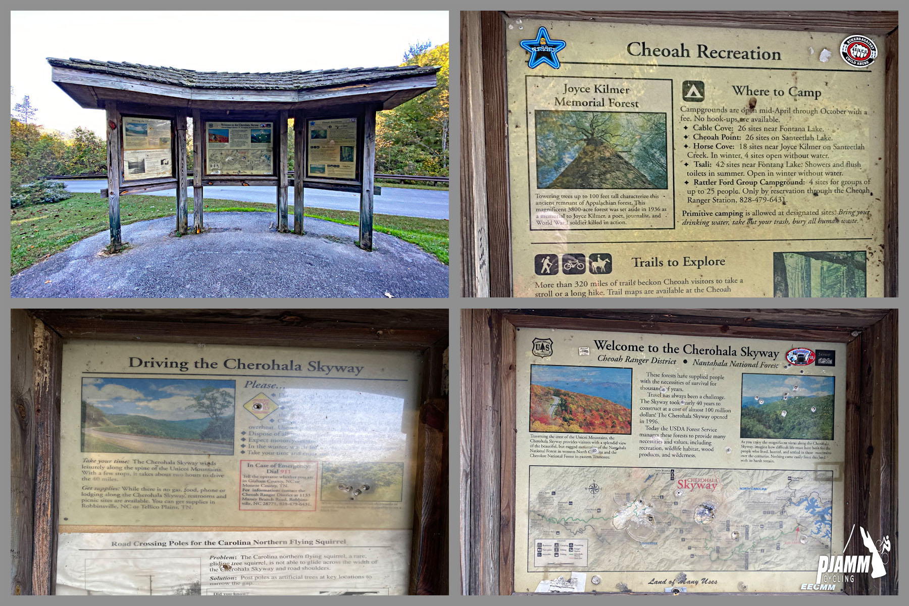 Cycling Cherohala Skyway, North Carolina - informational signs at start of ride, Cheoah Recreation area