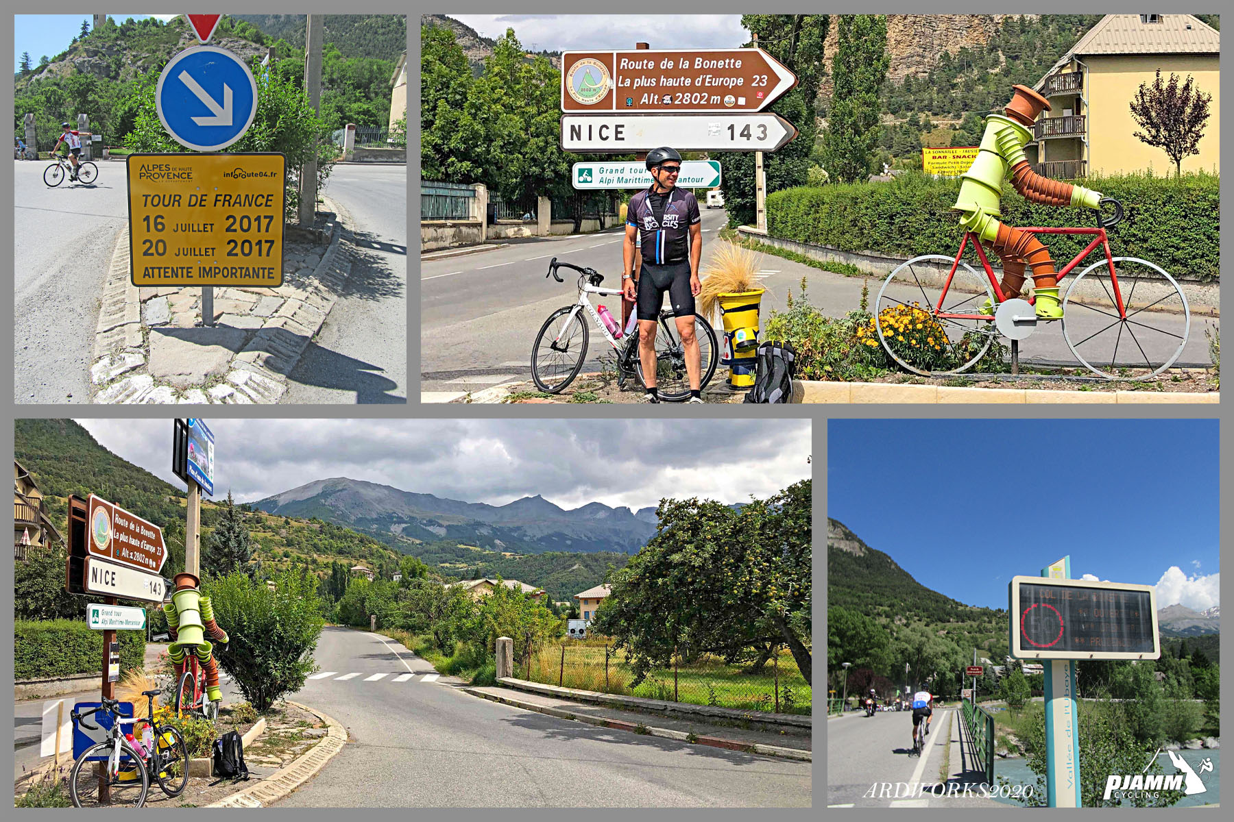 Cycling Cime Bonette from Jausiers, France - climb start, Jausiers, cyclist standing with bike in front of road sign for Nice, French alps