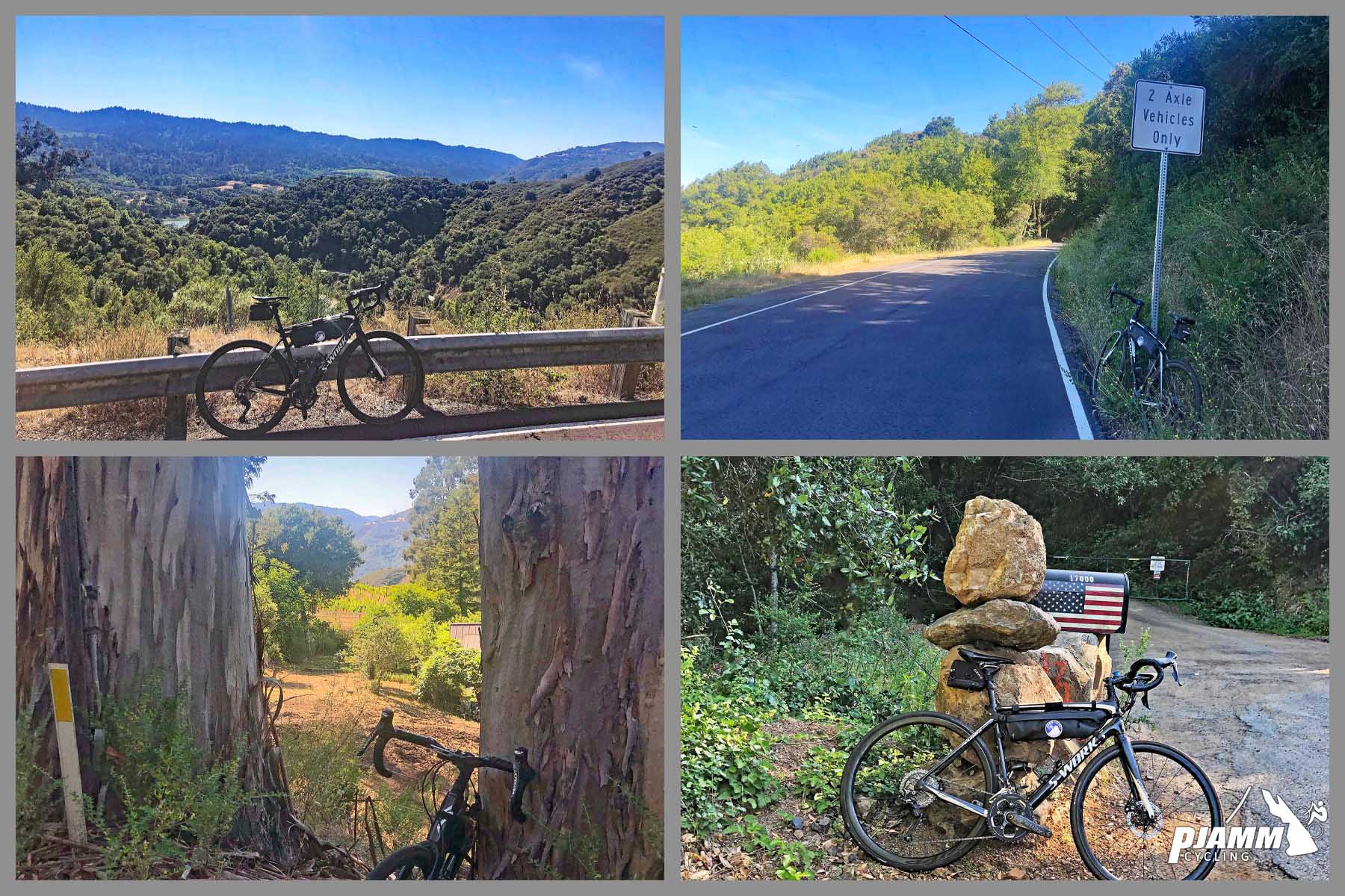 Cycling Soda Springs, Road, Los Gatos, California - photo collage, views along the climb from miles 2 through 4, bike parked between large eucalyptus trees, bike leaning against stone tower, PJAMM Cycling logo in corner