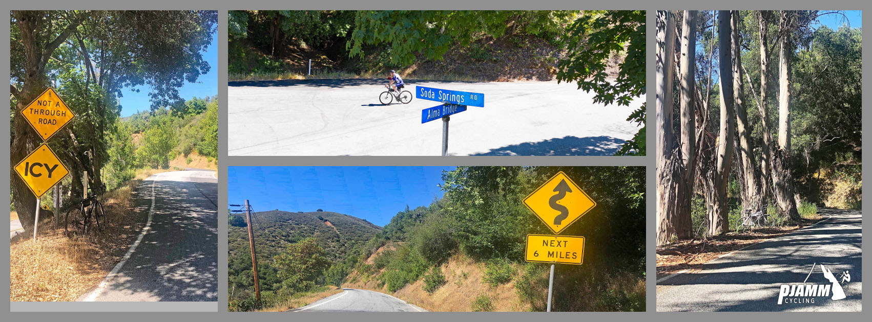 cyclist rides on roadway at intersection on Soda Springs road, road signs warn of winding roads next 6 miles, PJAMM Cycling logo in corner