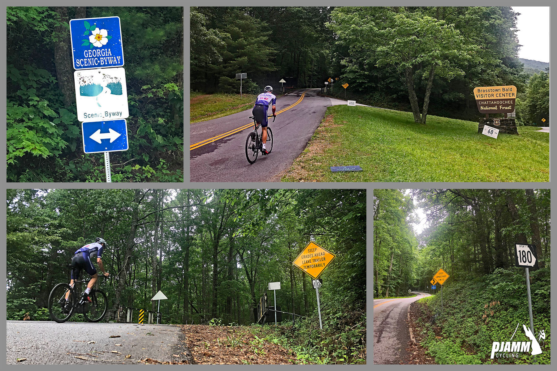 Cycling Brasstown Bald, Georgia - photo collage, PJAMM Cycling logo in corner, sign for Georgia Scenic Byway, cyclist riding on two-lane roadway, cyclist riding near sign that says "Steep Grades Ahead Leave Trailer Temporarily"