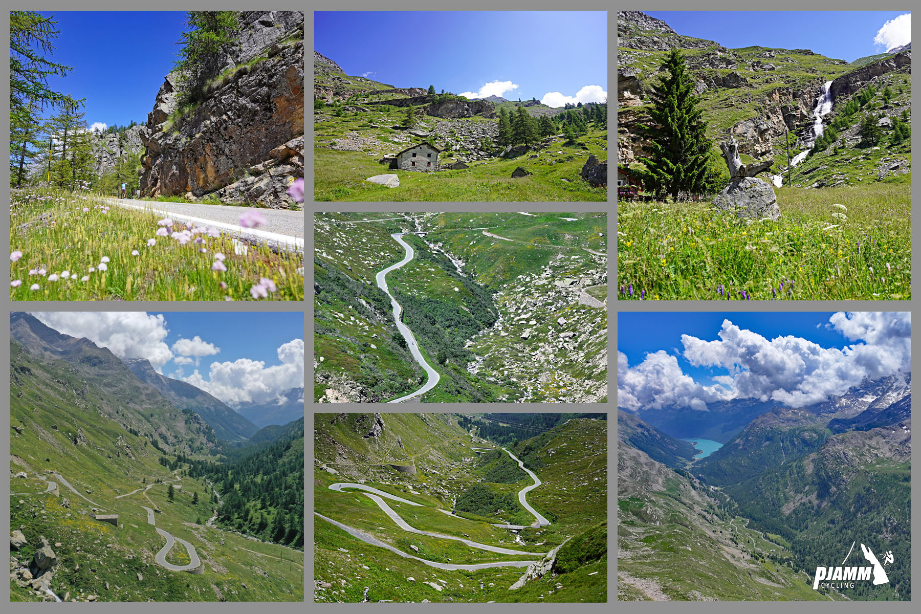 Cycling Colle de Nivolet, Italy - photo collage shows alpine setting with green pastures, purple wildflowers, waterfalls and a lake approaching Lago Serru and Torino Dam