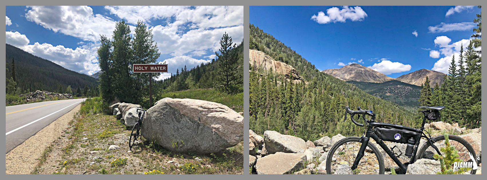 Cycling Cottonwood Pass, Colorado - PJAMM Cycling logo in corner, bike parked against boulders next to sign for Holy Water