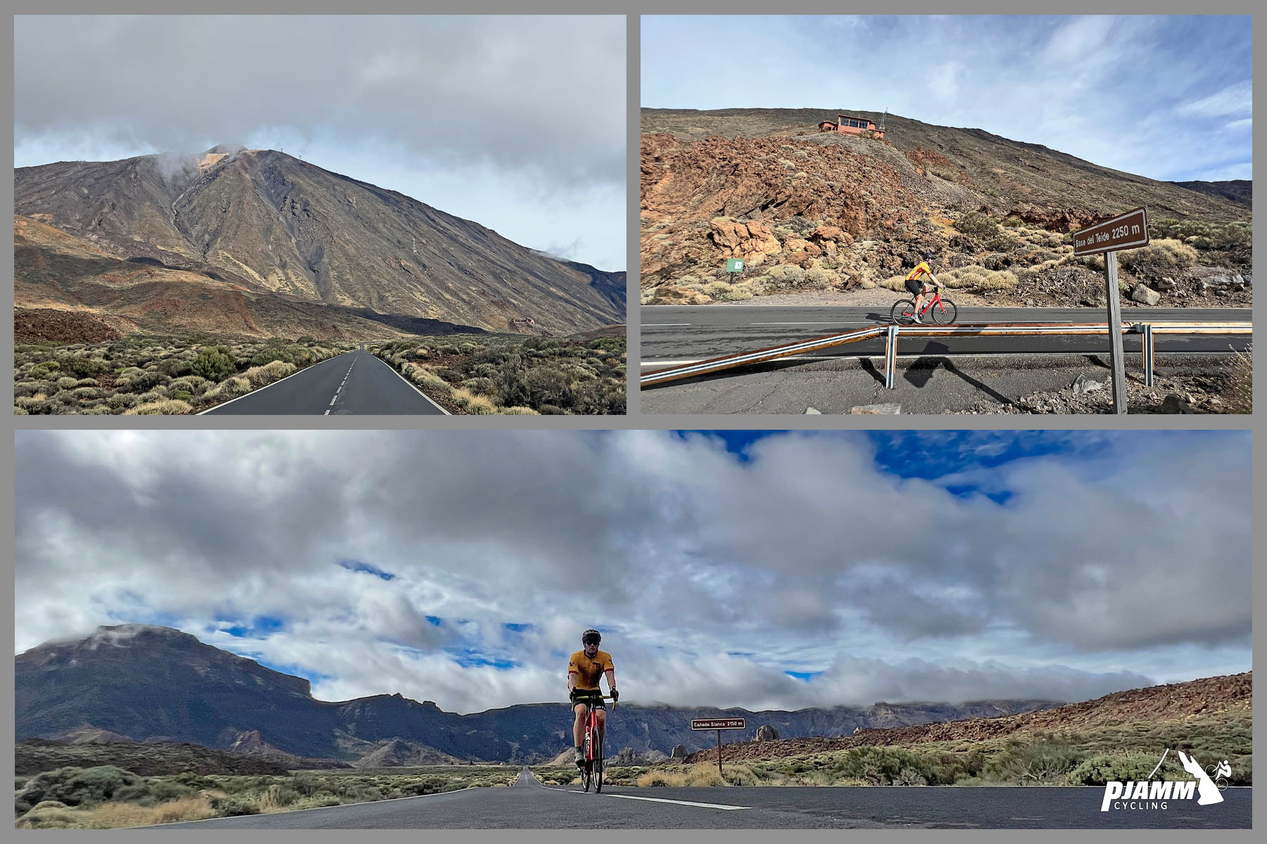 PJAMM Cyclist riding on two-lane highway roadway with Mt. Teide in background