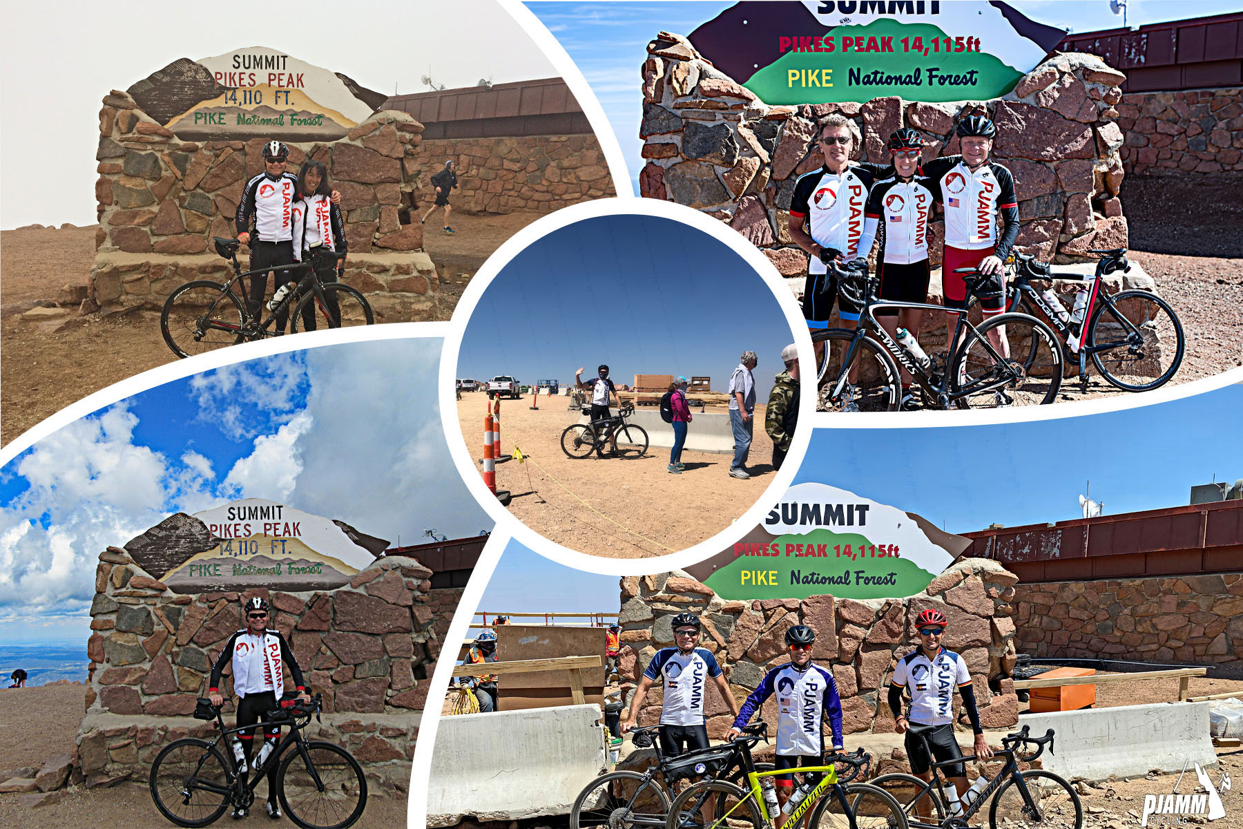 Cycling Pikes Peak - cyclists at summit sign on various ascents up the mountain, PJAMM Cycling logo in corner