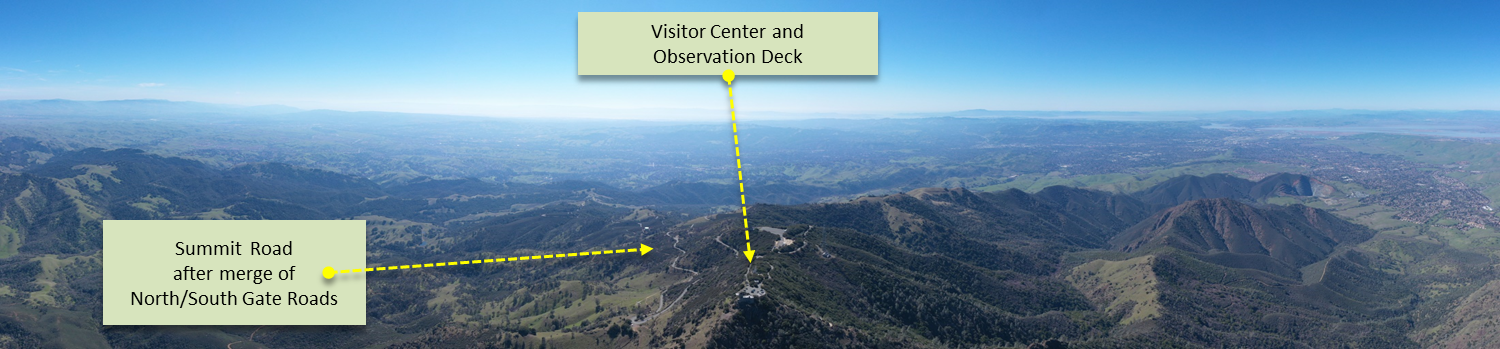 Bicycle climb Mt. Diablo - aerial drone panorama photo of visitor center and observation deck