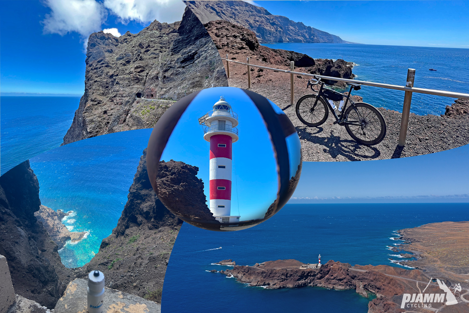 photo collage shows bike parked on rocky cliffs on Canary Islands, ocean beyond, white and red striped lighthouse