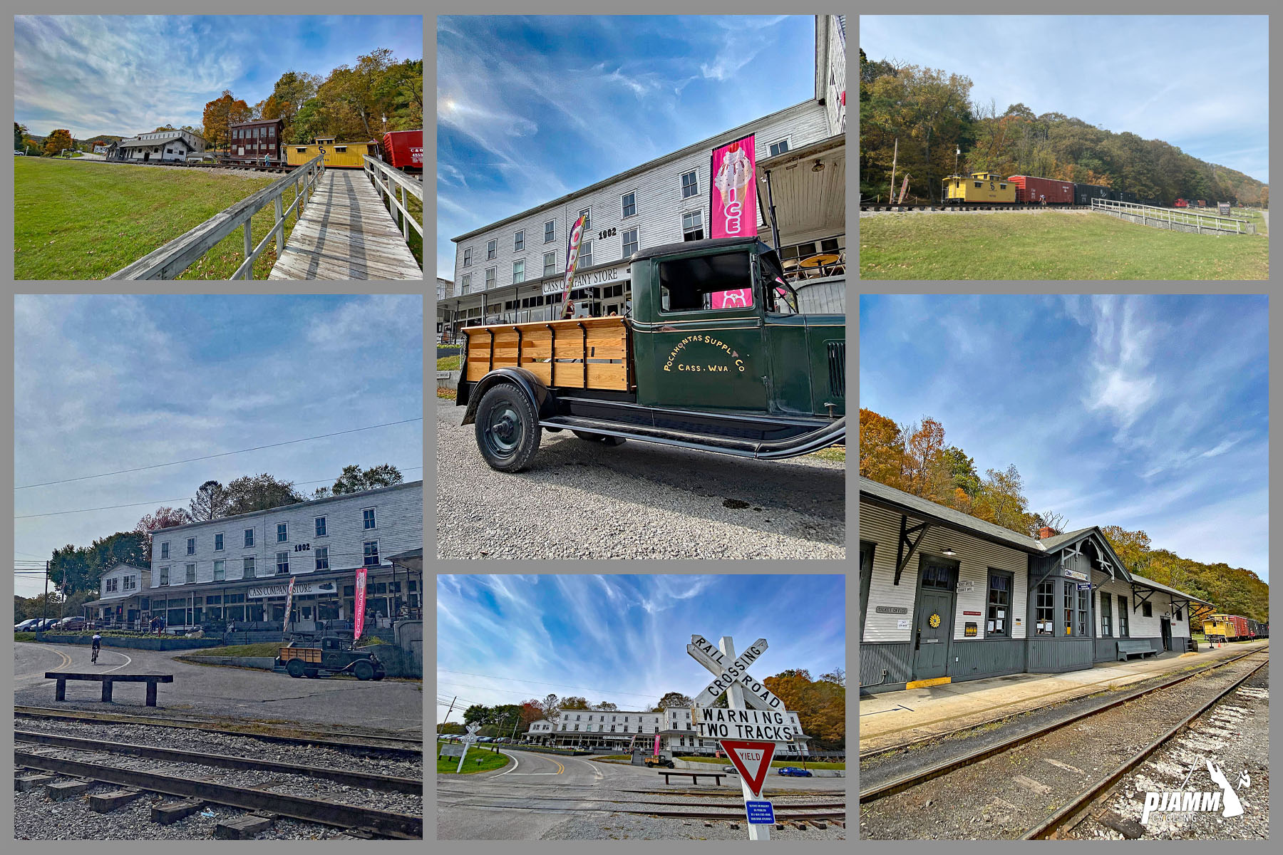 Cycling Snow Shoe Drive East, West Virginia - photo collage, train depot, Cass Scenic Railroad State Park, PJAMM Cycling logo in corner