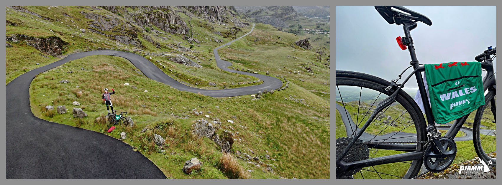 aerial drone view shows PJAMM Cyclist stands with bike next to roadway, hairpin turns below
