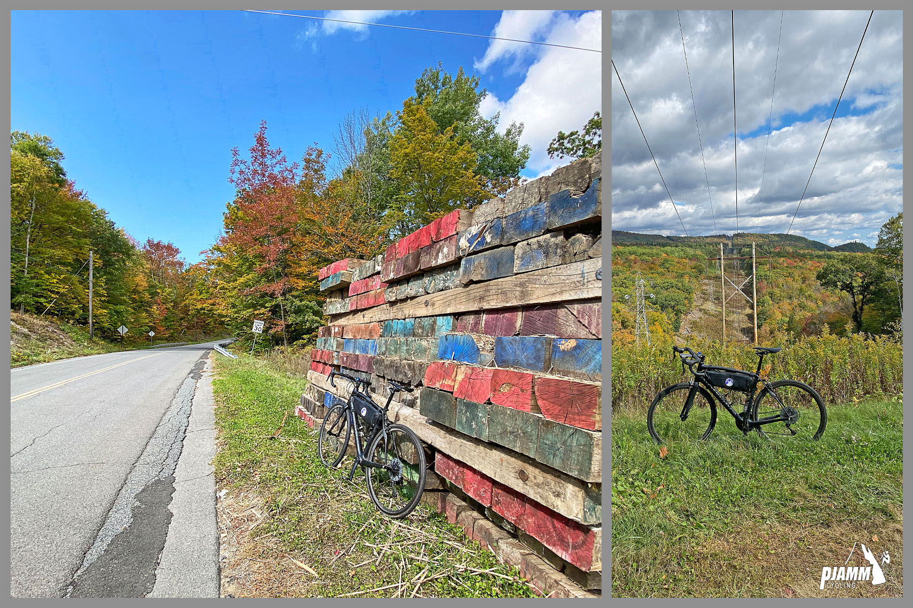 Cycling Whitcomb Hill Road, Massachusetts - bike parked against tall pile of milled wood with painted ends