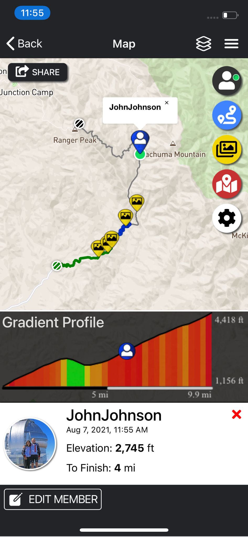 screenshot of the PJAMM Cycling app during the ride shows climb grade and profile