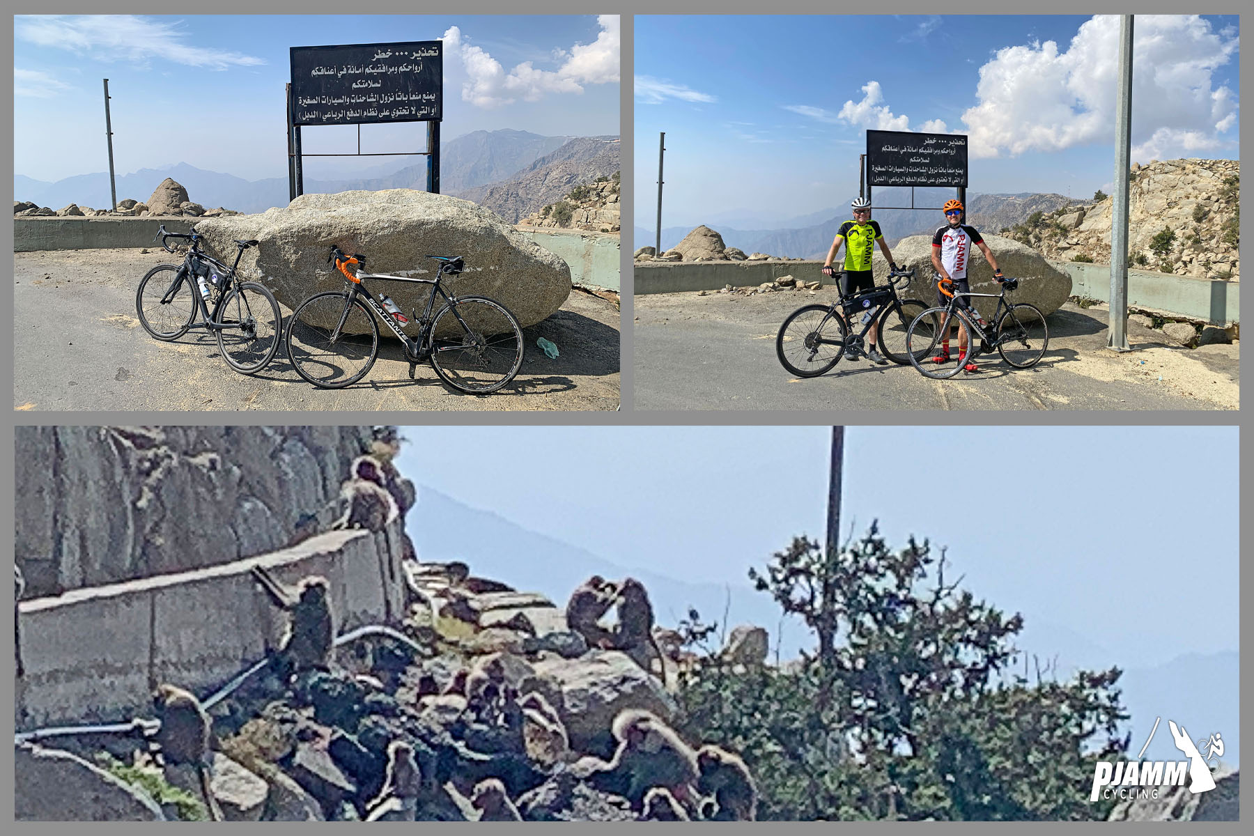 Cycling Sinan Road (Al Meger), Saudi Arabia - photo collage at climb finish shows two PJAMM Cyclists and baboons 