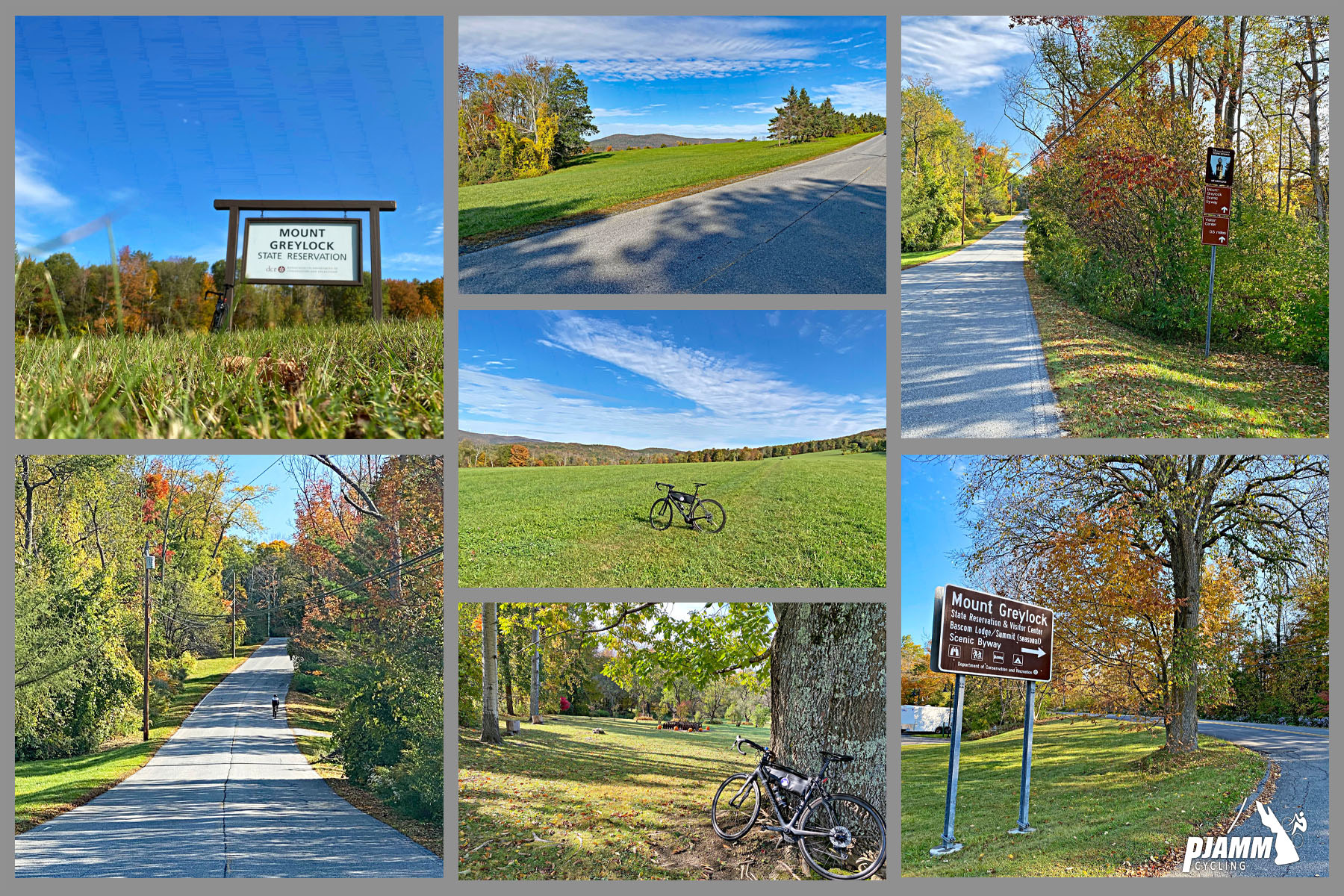 Cycling Mt. Greylock South, Massachusetts - photo collage, blue skies, bright green fields, and fall foliage on the first third of the Mt. Greylock South climb, PJAMM Cycling logo in corner