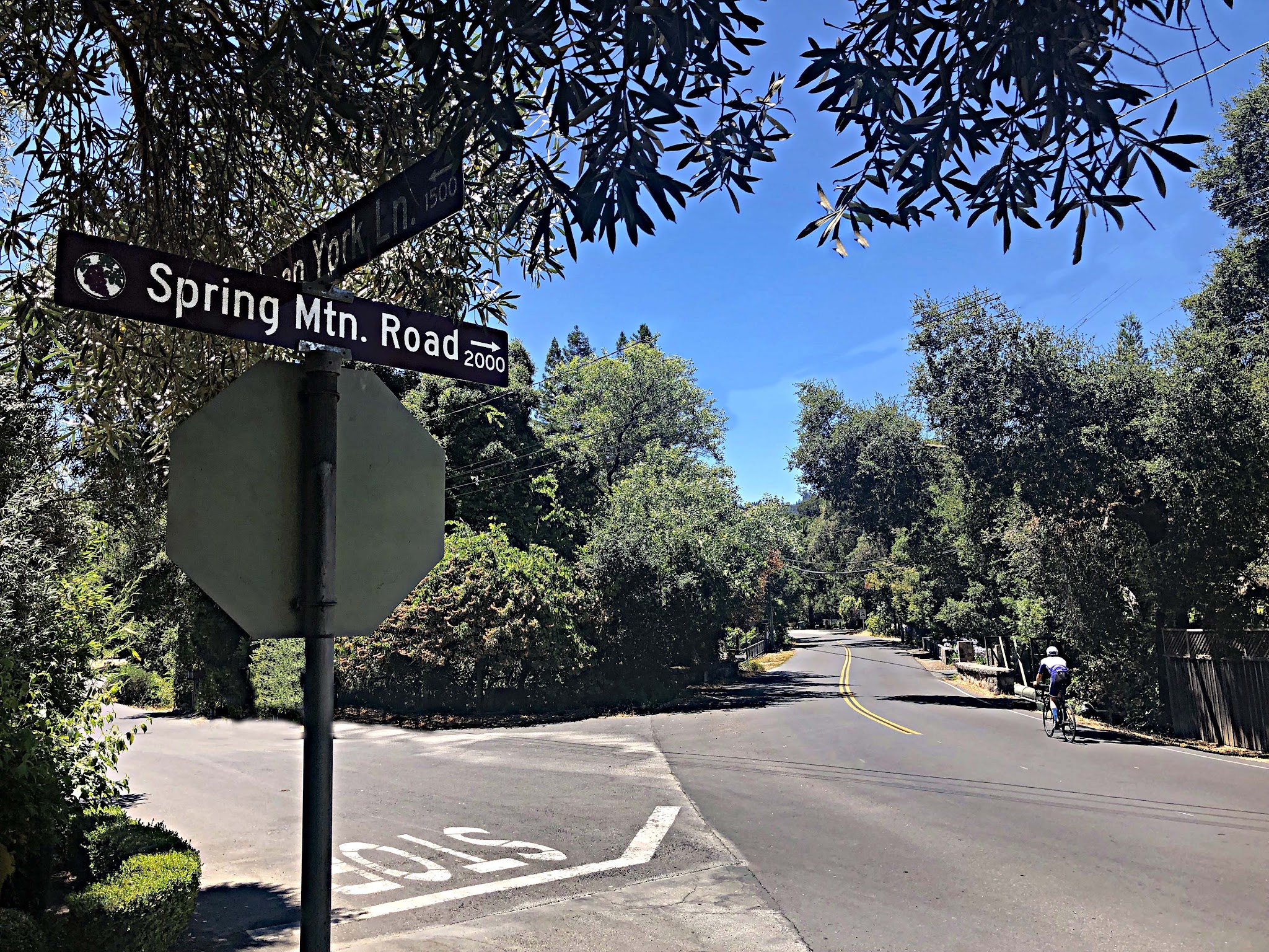 Bike climb Spring Mountain Road - Spring Mountain Road sign with cyclist riding by
