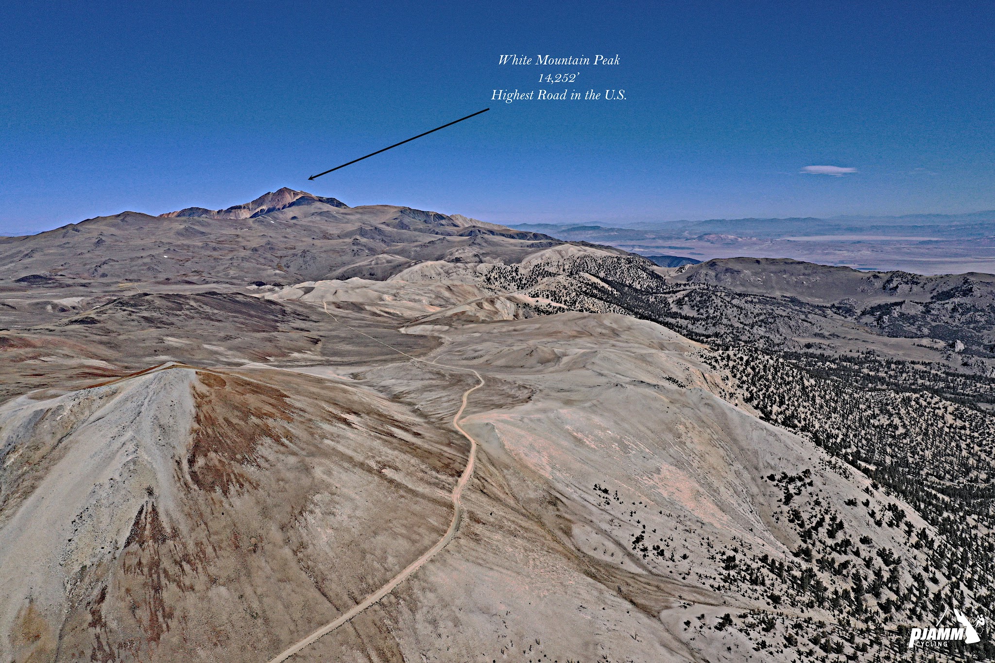 Cycling White Mountain, California - aerial view of the road to White Mountain Peak